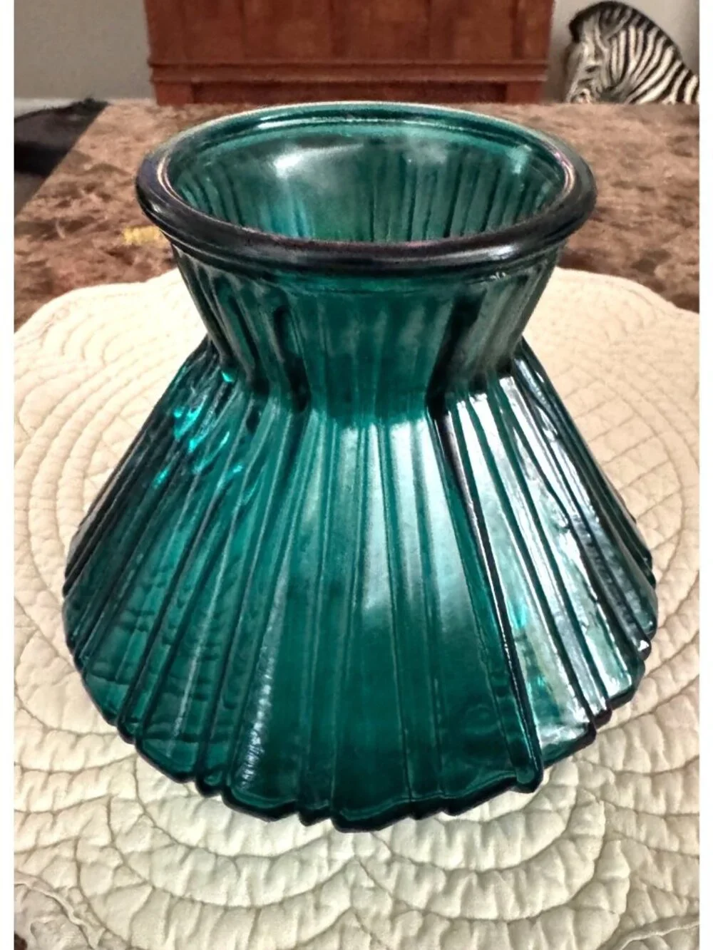 Teal Glass Fluted Vase With Wide Base & Narrow Opening Ribbed - Vintage